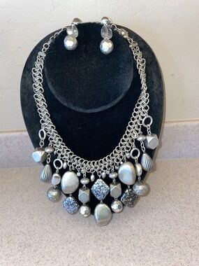 Chico’s Brass Silver Chain Maile  Bib Statement Necklace & Earrings